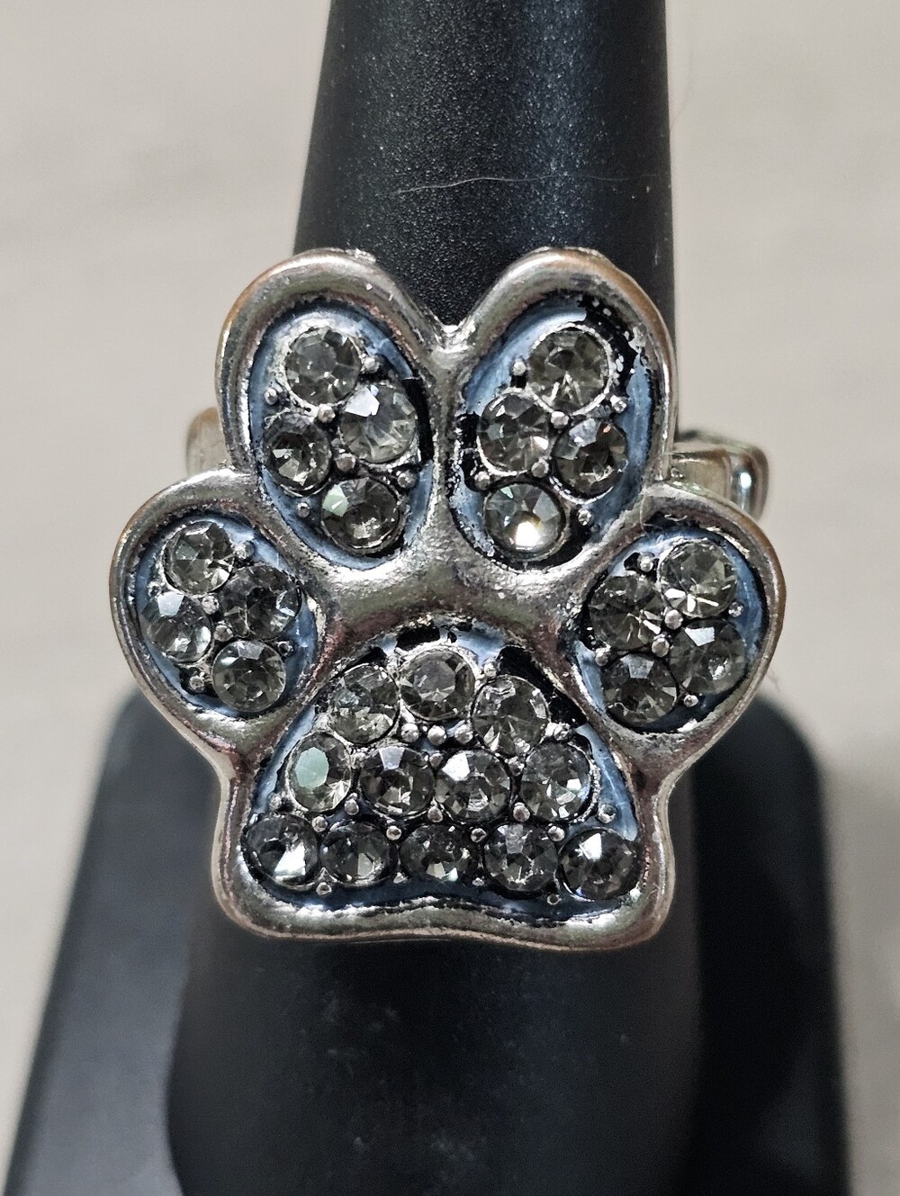 Vintage Pave Crystal Dog Cat Paw Print Rhinestone Stretch Statement Ring